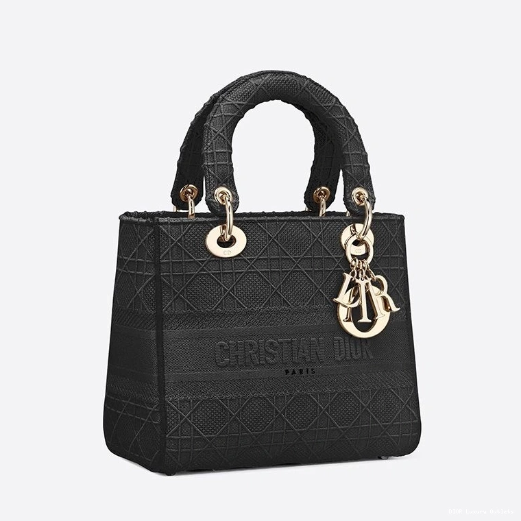 Cheap Canvas Cannage Medium Bag D-lite Lady Black Motif 0712 Luxury